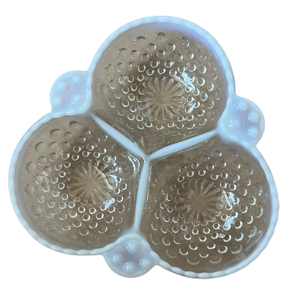 Fenton Moonstone White Opalescent Clear Hobnail 3-Section Divided Bowl Dish 6.5"